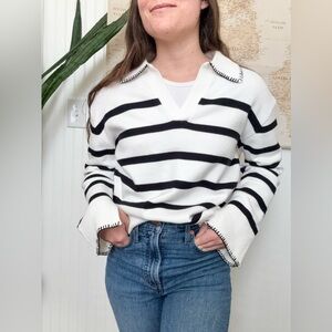 Black and White Striped V-Neck Collared Sweater